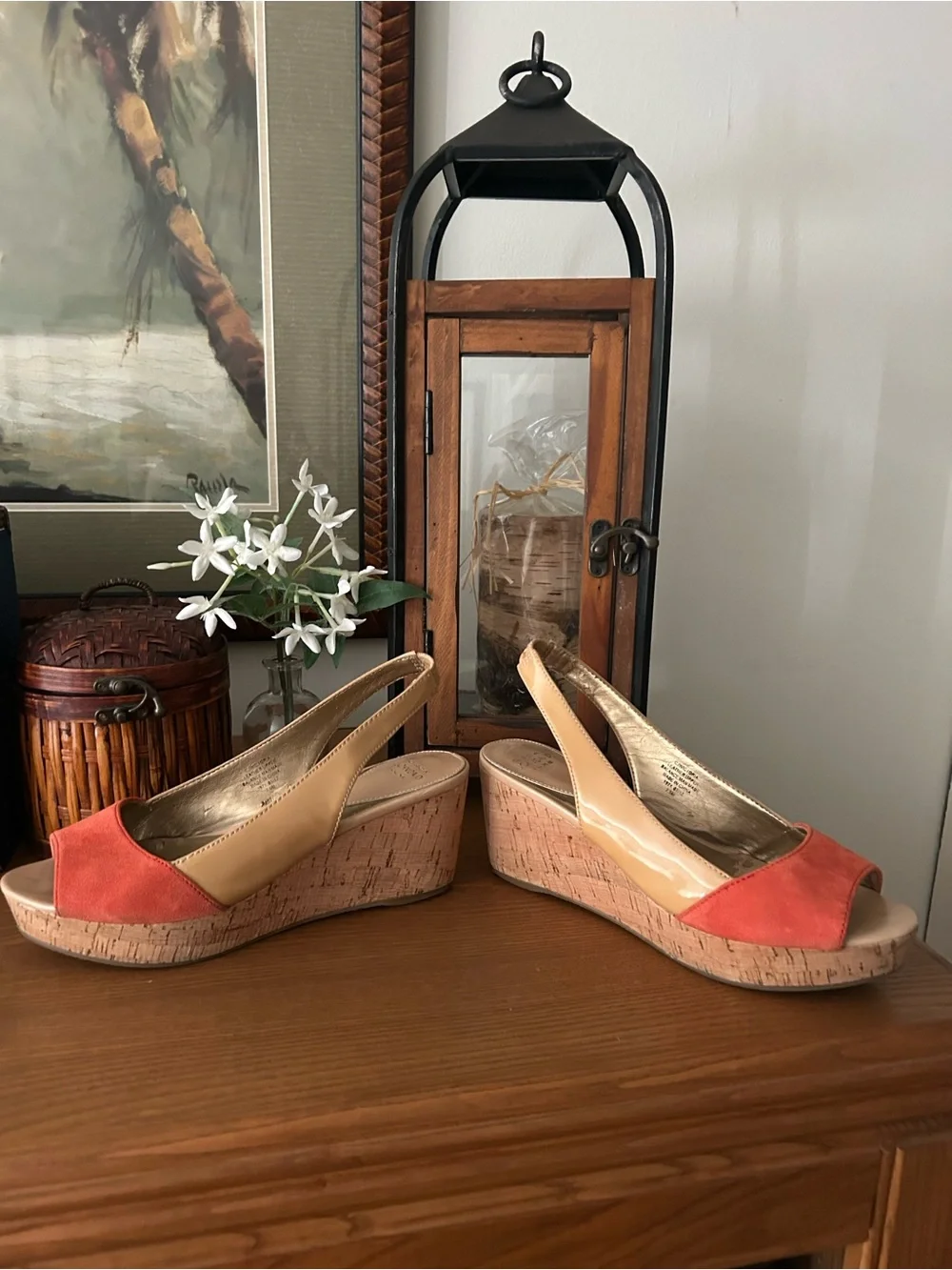 Joan & David Coral-Orange Suede Peep-Toe Slingback Wedges